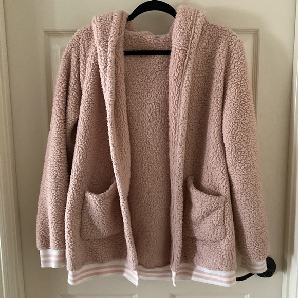 Pale Pink Oversized Hooded Teddy Cardigan Jacket Sweater Ultra Soft Cotton Blend - Picture 1 of 8